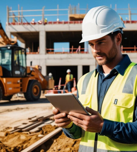 A realistic image of a field worker holding a tablet standing at a construction site on a sunny day