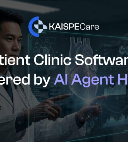 Doctor using AI-powered outpatient clinic software to review patient information.