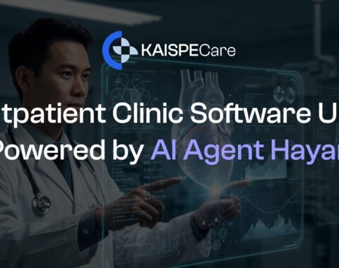 Doctor using AI-powered outpatient clinic software to review patient information.