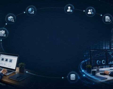 Purchase requisition approval workflow connecting employee requests, spend controls, management approvals, procurement, and ERP processing before purchase order creation.