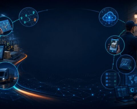 Digital proof of delivery workflow connecting dispatch, driver tracking, mobile delivery updates, customer confirmation, signatures, photos, and back-office systems.