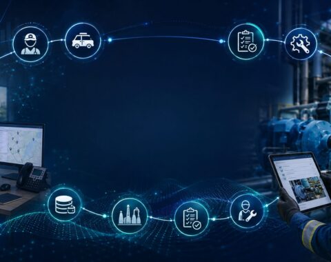 Connected field service management workflow linking technician scheduling, work orders, digital inspections, asset visibility, maintenance, and field reporting.