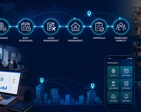 Multi-location workforce management connecting employee attendance, shift scheduling, leave, work-from-home requests, approvals, and HR visibility in one workspace.