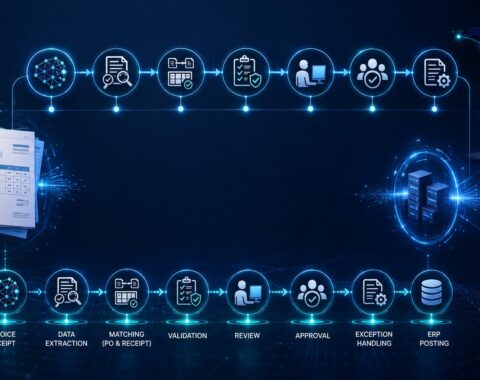 Accounts payable automation workflow connecting invoice receipt, AI data extraction, validation, matching, approvals, exception handling, and ERP posting.