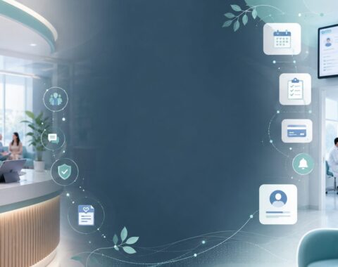 Fresh healthcare blog banner showing a modern outpatient clinic interior with a front-desk staff member using a tablet, a doctor consulting a patient in the background, and soft digital icons representing scheduling, patient records, communication, billing, and practice management.