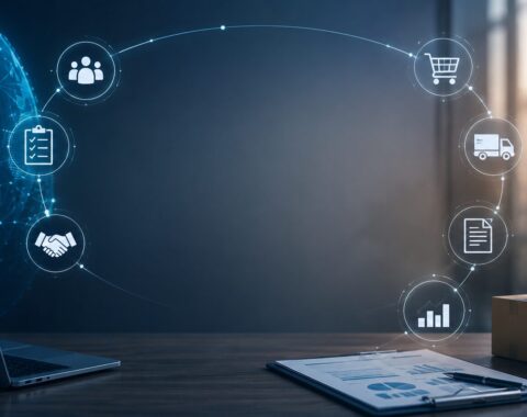 Text-free vendor portal banner showing a digital procurement workspace with a laptop, shipping boxes, business documents, and connected icons representing supplier onboarding, sourcing, purchasing, delivery, invoicing, and performance tracking.