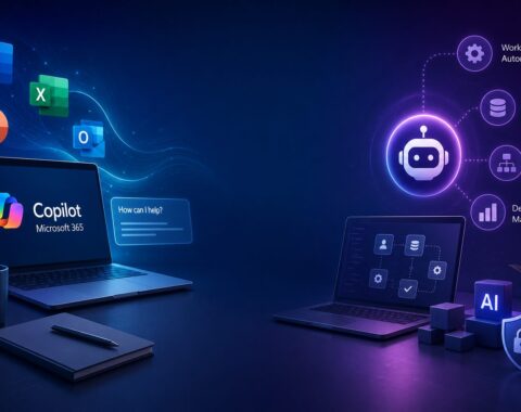 Text-free enterprise AI banner comparing Microsoft Copilot productivity with custom AI agents for workflow automation, integration, governance, and business decision-making.