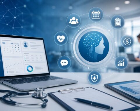 AI outpatient clinic software connecting patient scheduling, intake, billing, analytics, secure records, and clinical workflow management.