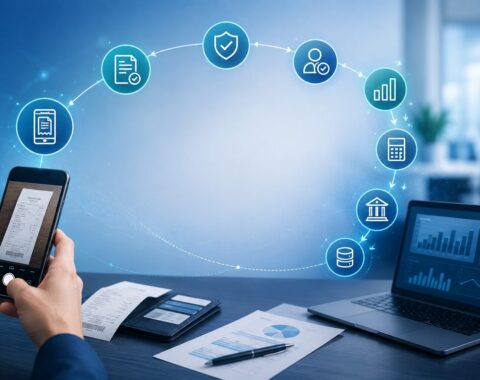 AI-powered expense report workflow connecting receipt capture with policy checks, approvals, budgets, reconciliation, analytics, and ERP processing.
