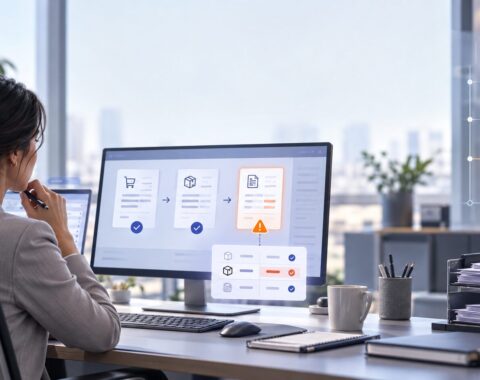 Invoice matching automation showing an accounts payable professional reviewing a purchase order, receipt and supplier invoice discrepancy before ERP posting.