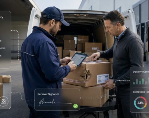 Proof of delivery exception handling showing a driver documenting a damaged and partial shipment with mobile evidence, customer verification, return details, and delivery status tracking.